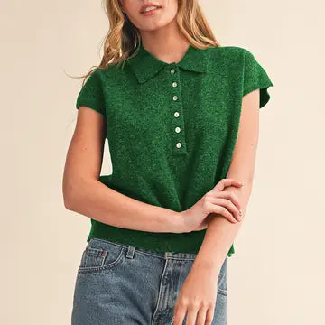 Cap Sleeve Collared Sweater Vest Green