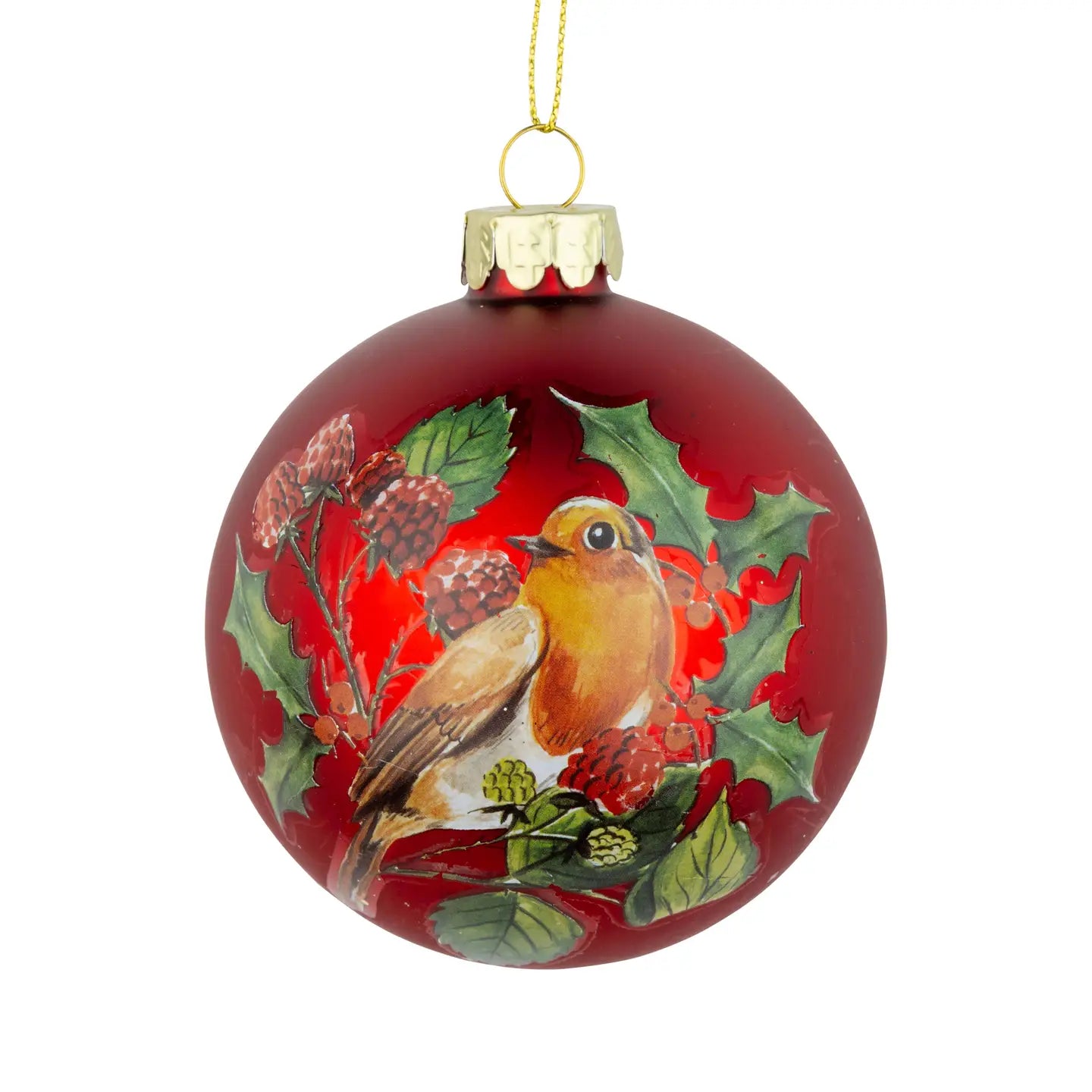 Robin & Holly Red Glass Ball Ornament