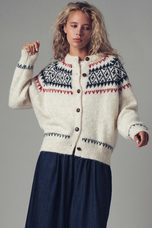 Nordic Faire Isle Wool Blend Cardigan Sweater