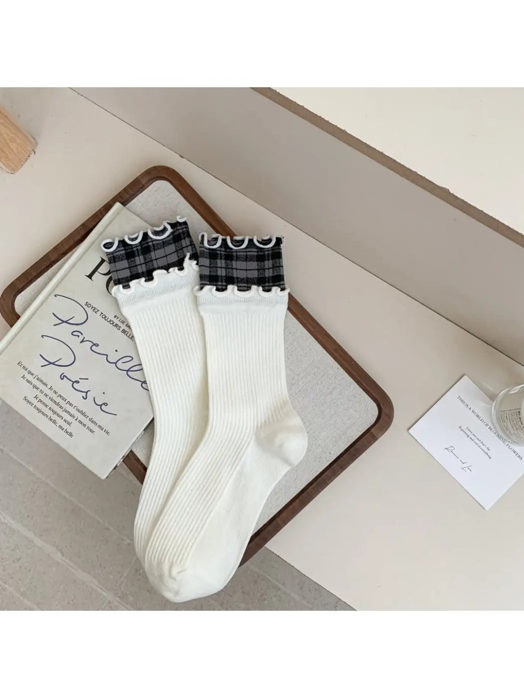 Ruffled Edge Plaid Mid-Calf Socks