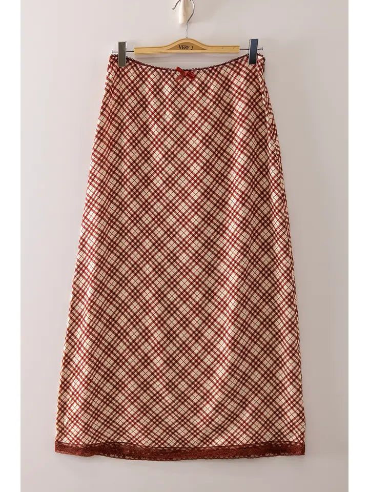 Plaid Midi Skirt with Elastic Waistband
