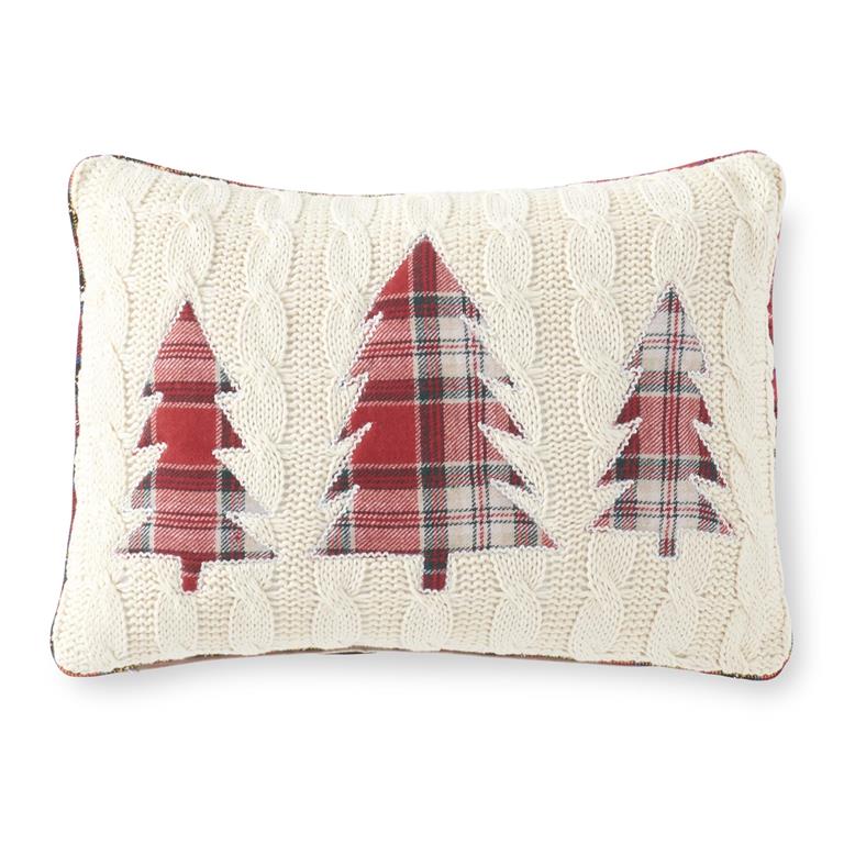 14" Cream Knit Pillow w/Plaid Trees