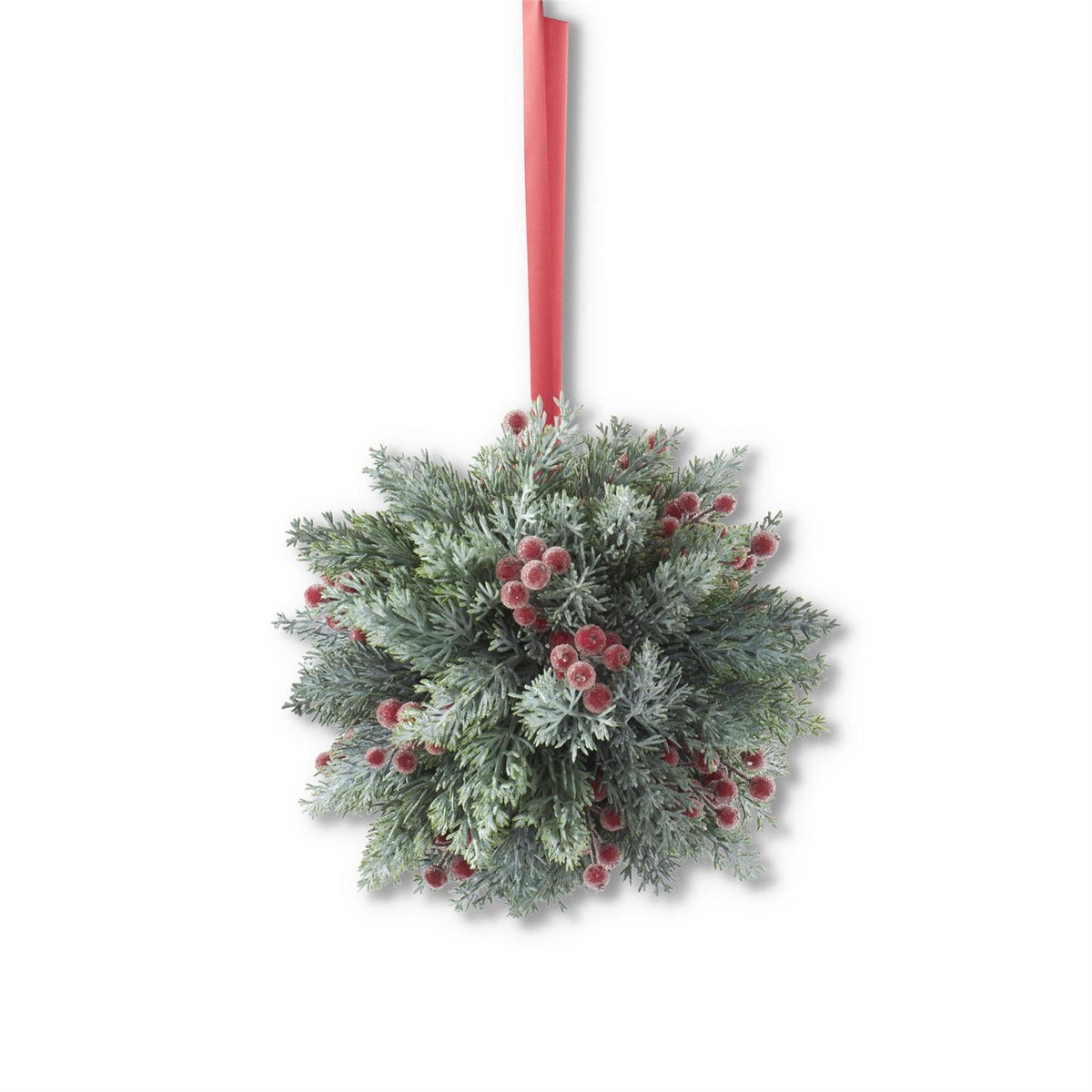 9.75 Inch Icy Red Berry & Pine Ball w/Red Ribbon