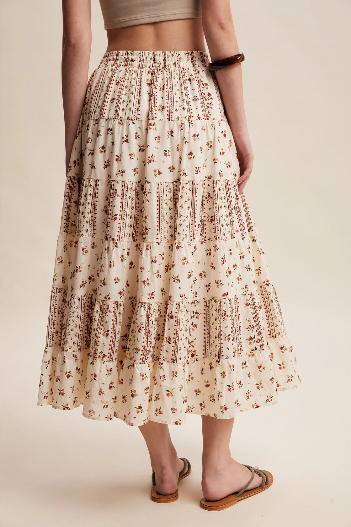 Floral Mixed Print Tiered Maxi Skirt