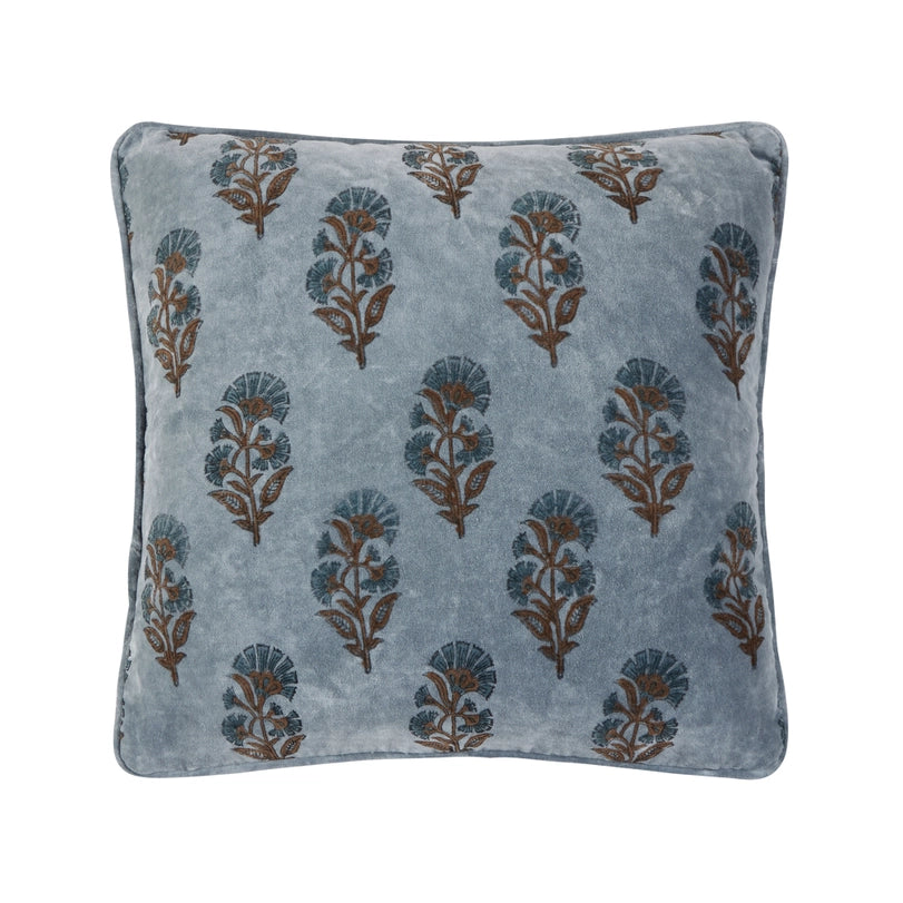 Blue Block Print Velvet Pillow