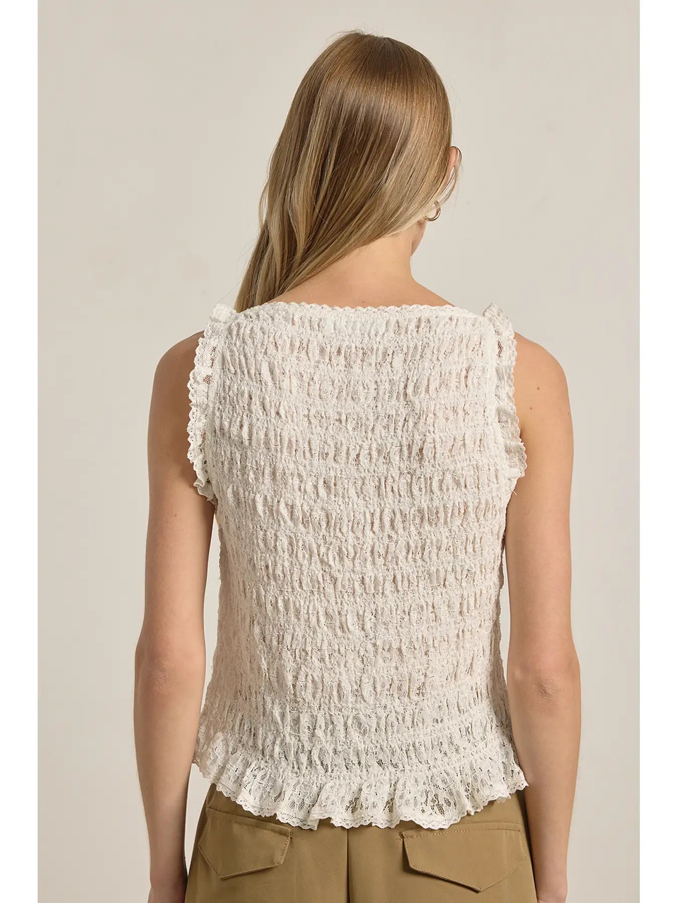 Smocked Lace Trim Sleeveless Top