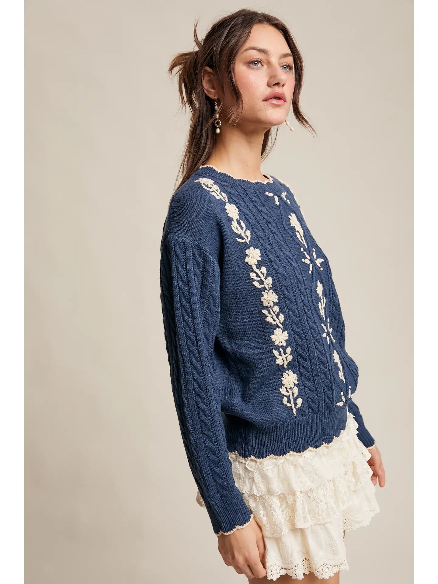 Floral Embroidered Cable Knit Sweater Blue