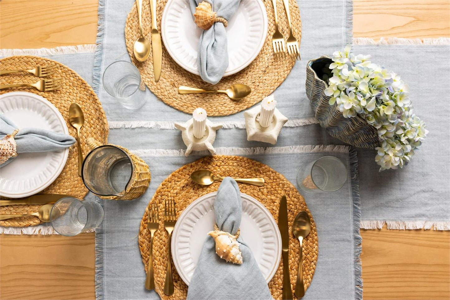 Table Runner - Soft Blue Chambray Fringe