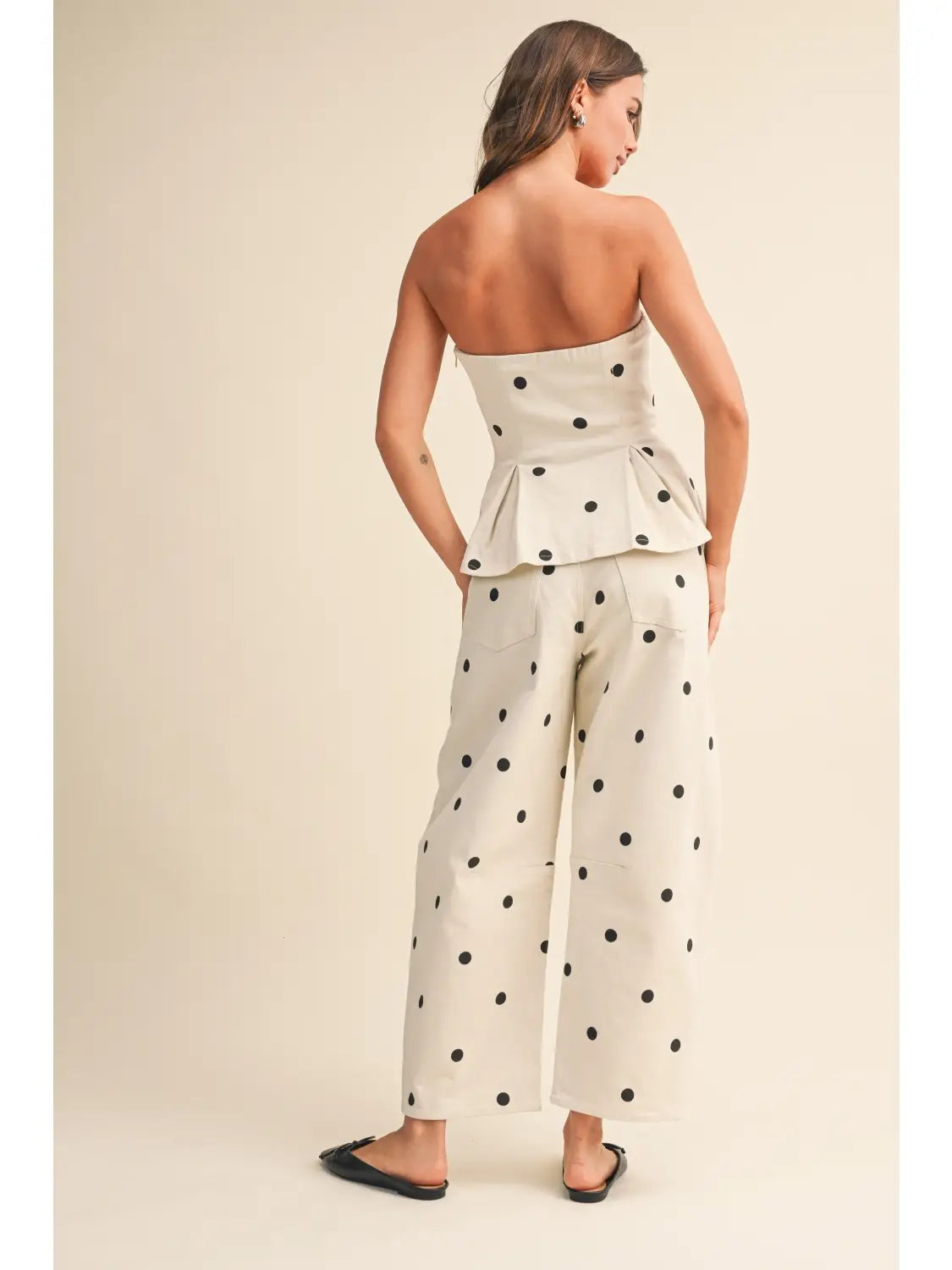 Polka Dot Strapless Peplum Top and Barrel Pant Set