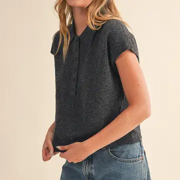 Cap Sleeve Collared Sweater Vest Charcoal