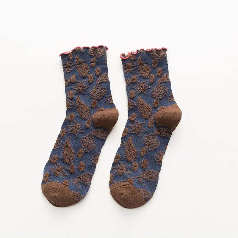 Embossed Floral Ruffle Cuff Mid Calf Socks