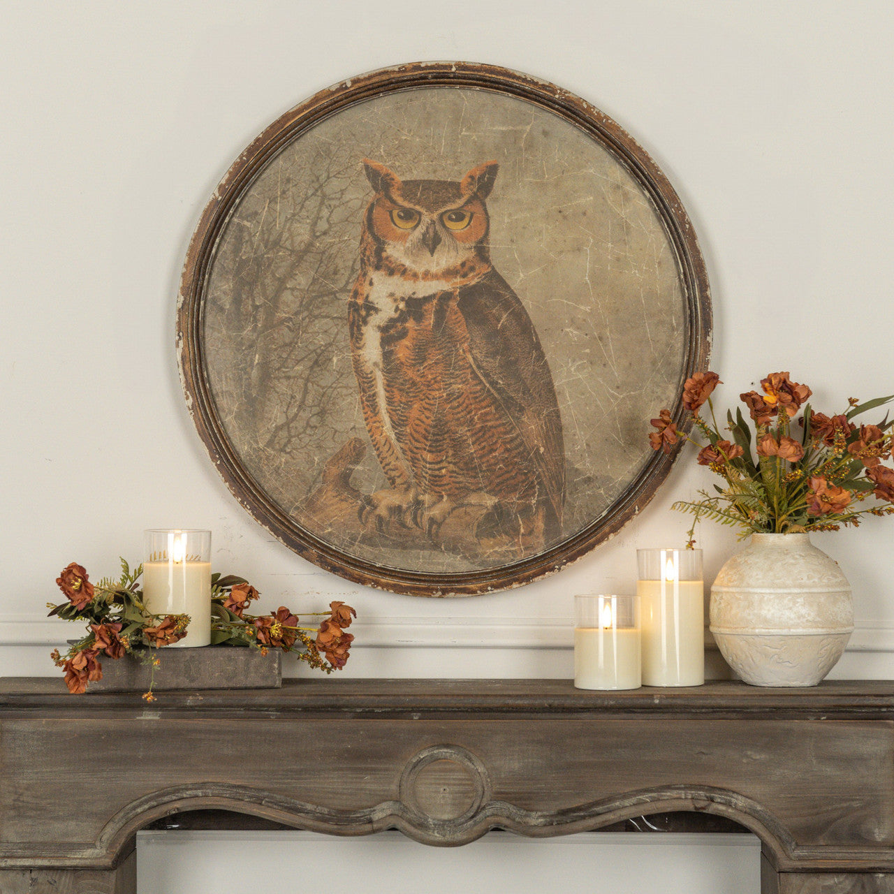 Round Framed Great Horned Owl Print