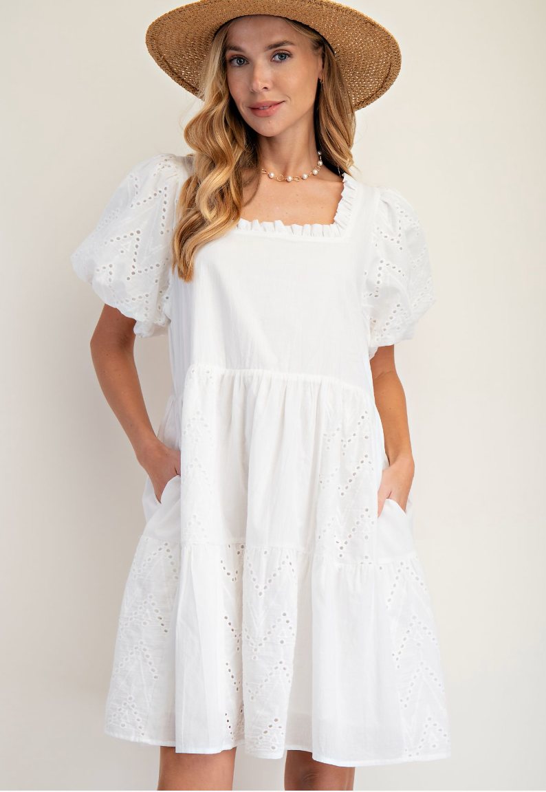 EYELET LACE COTTON WOVEN MINERAL WASHED DRESS