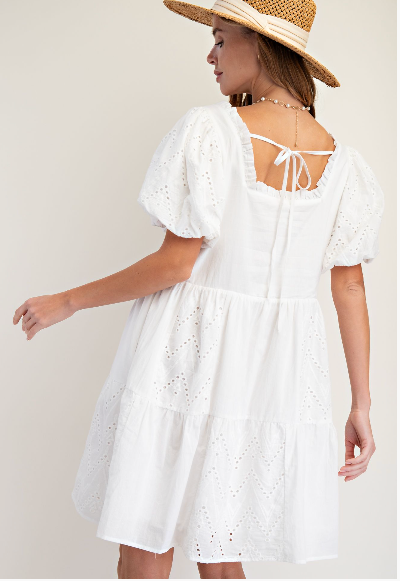 EYELET LACE COTTON WOVEN MINERAL WASHED DRESS