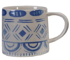 14 oz. Stoneware Mug with Tile Pattern, Blue & White, 4 Styles ©
