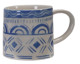 14 oz. Stoneware Mug with Tile Pattern, Blue & White, 4 Styles ©