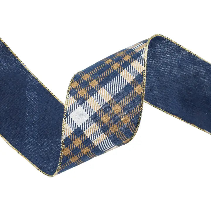 2.5" Blue & Gold Plaid Wired Edge Ribbon
