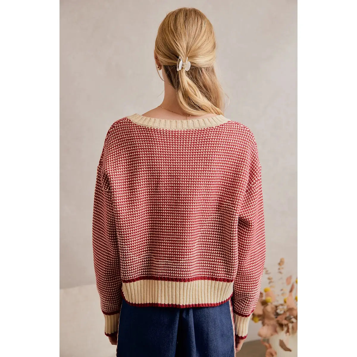 Red Textured Crew Neck Sweater