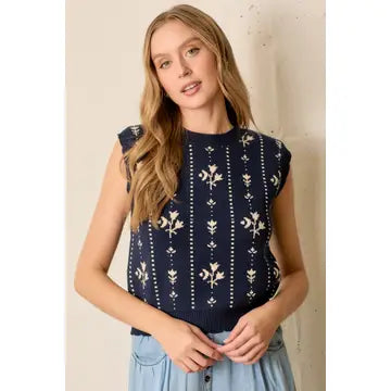 Navy Floral Stripe Sweater Vest