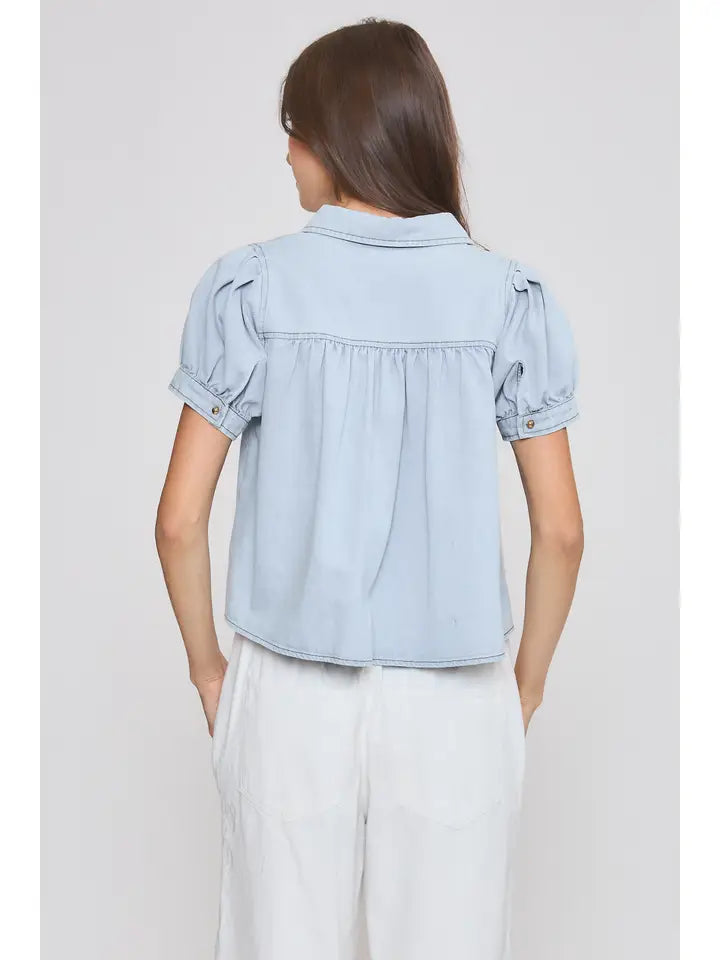 Light Blue Short Sleeve Button-Up Blouse