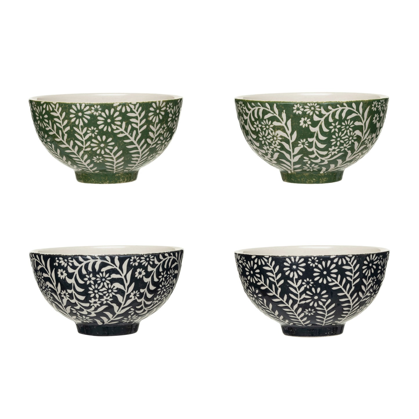Stoneware Bowl w/ Wax Relief Botanicals, 2 Colors, 2 Styles