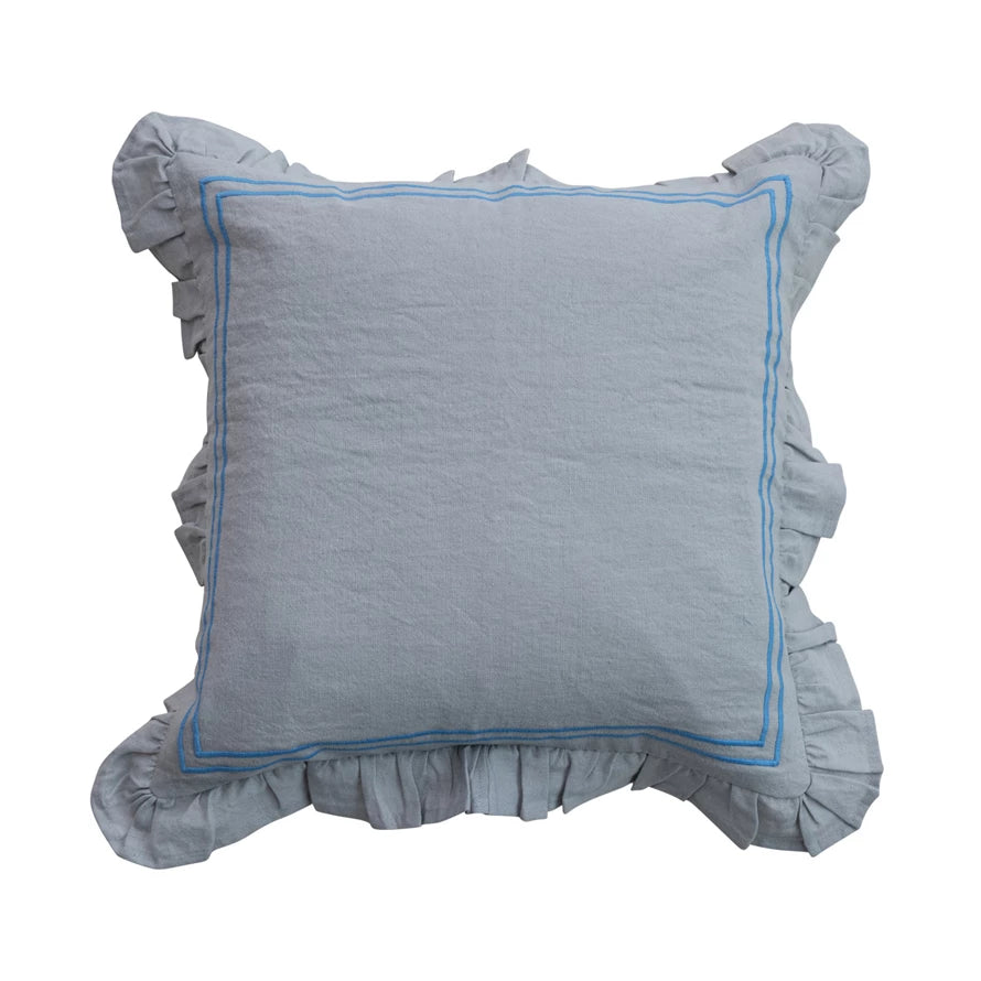 Blue Cotton & Linen Ruffle Pillow