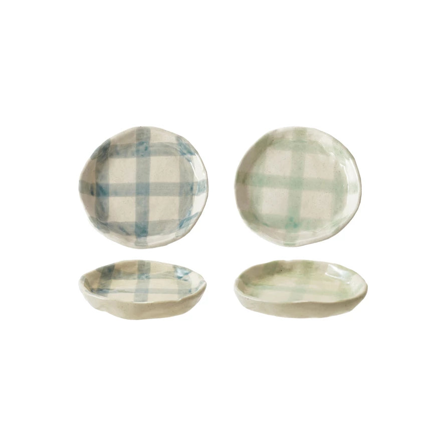 Hand-Painted Stoneware Plate w/ Grid Pattern, Reactive Glaze