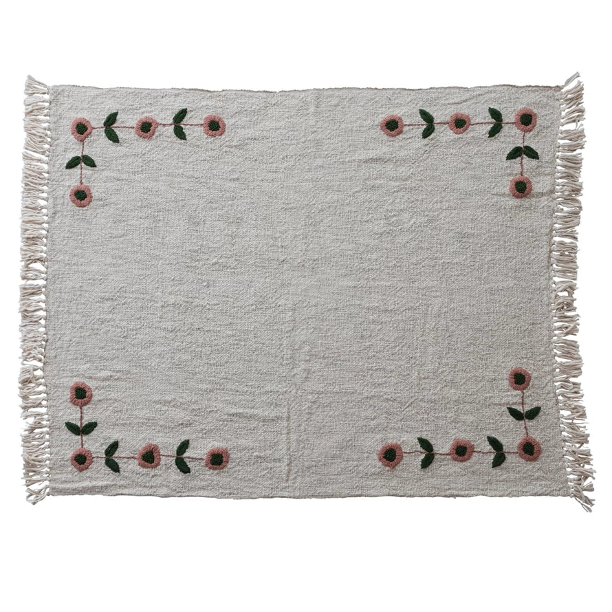 Cotton Slub Throw with Hand-Embroidered Flowers