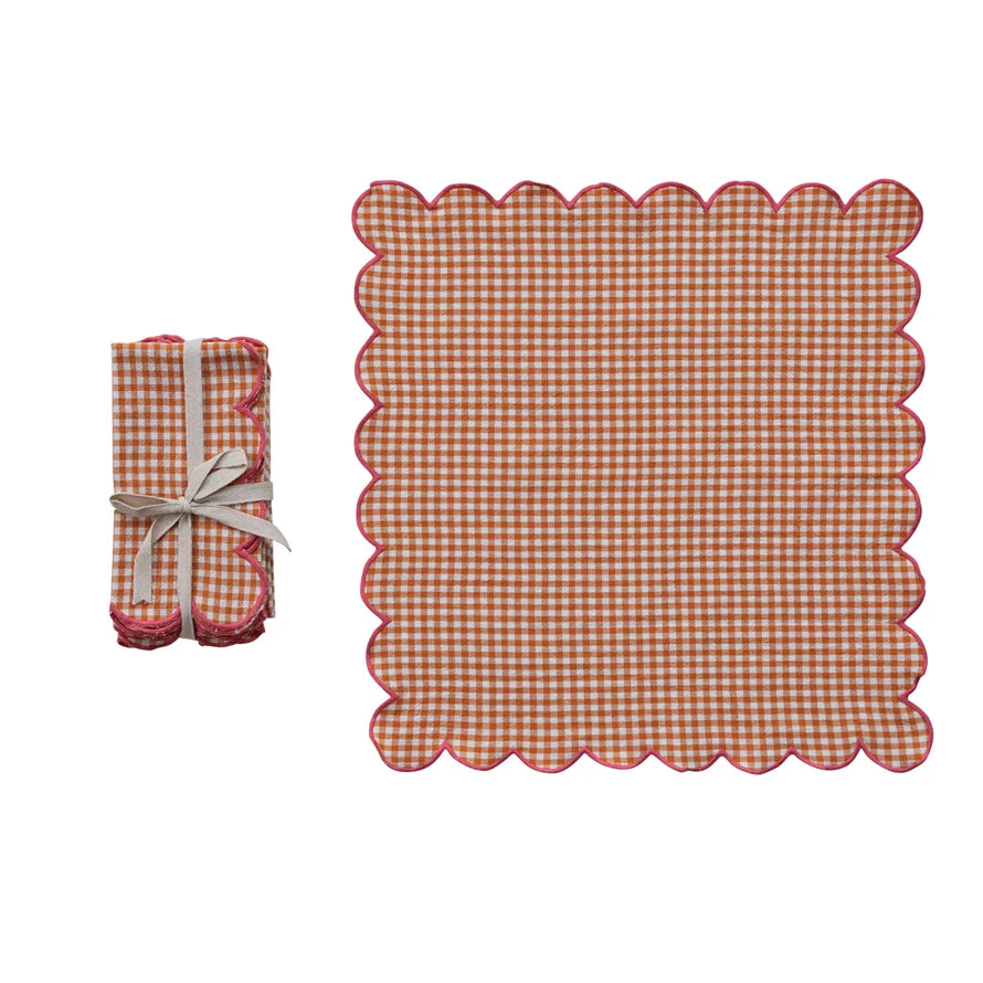 Cotton Scalloped Napkins with Contrasting Stitched Edges, Set of 4