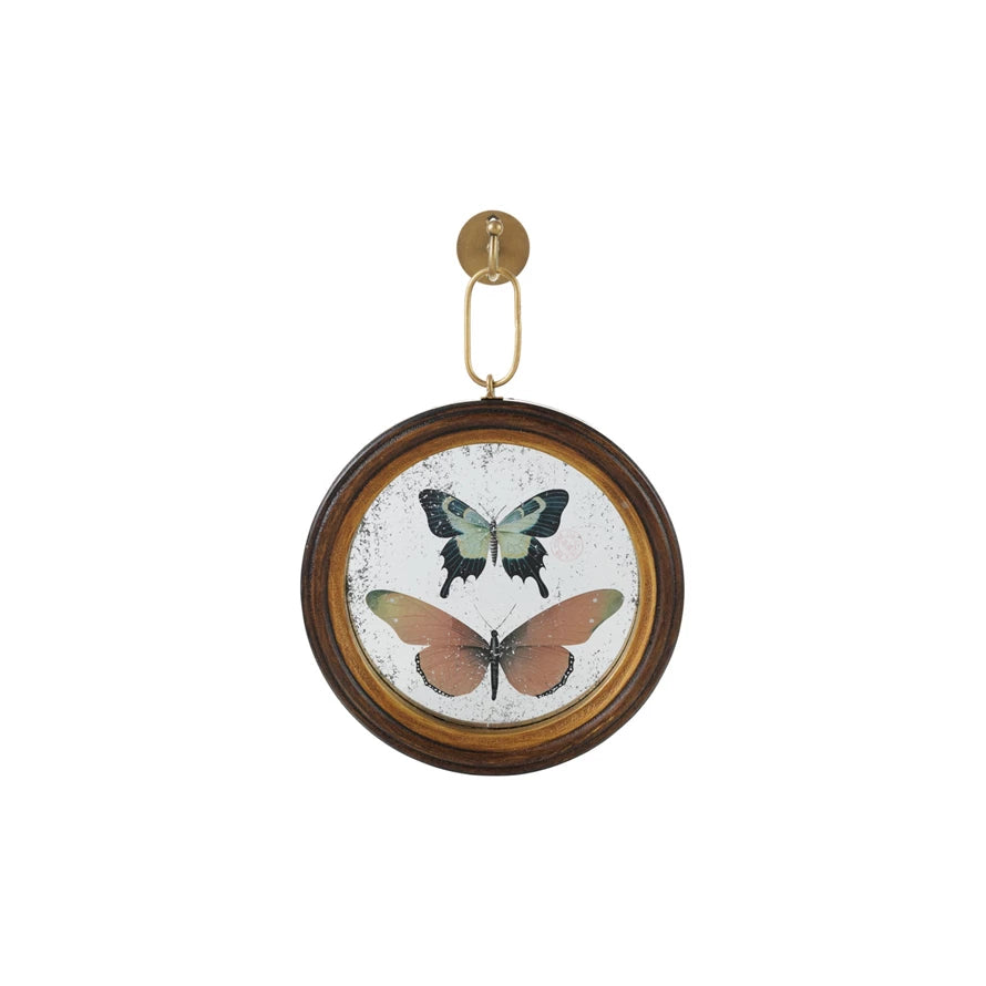 Wood Framed Antique Mirror Wall Decor with Butterflies & Metal Wall Hook