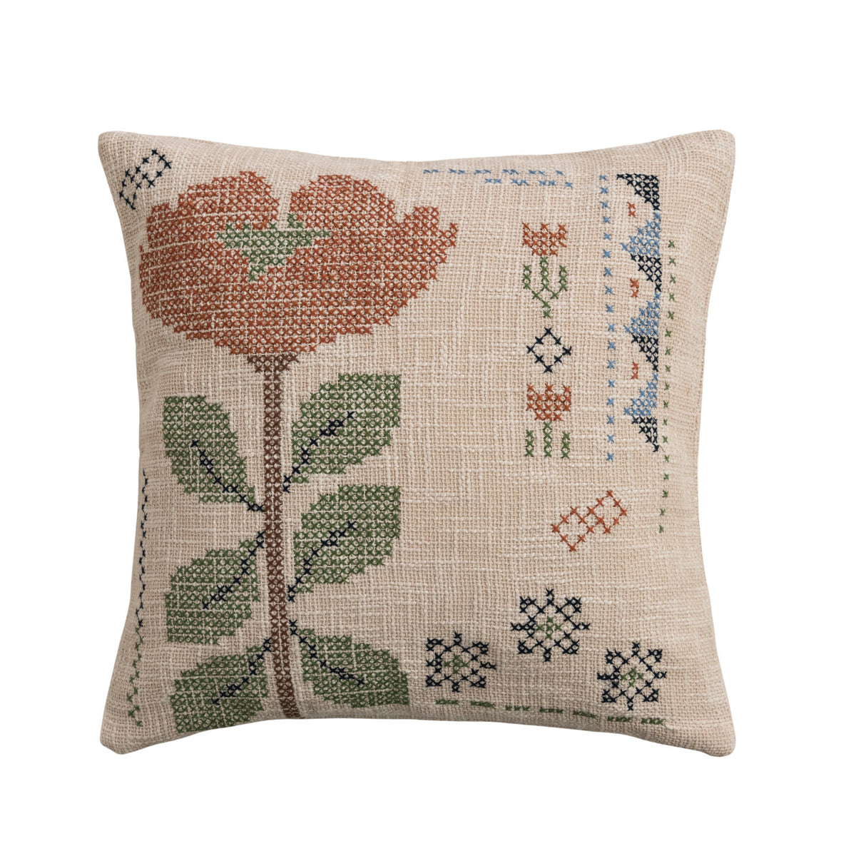 20" Square Cotton Slub Pillow with Embroidered Flowers