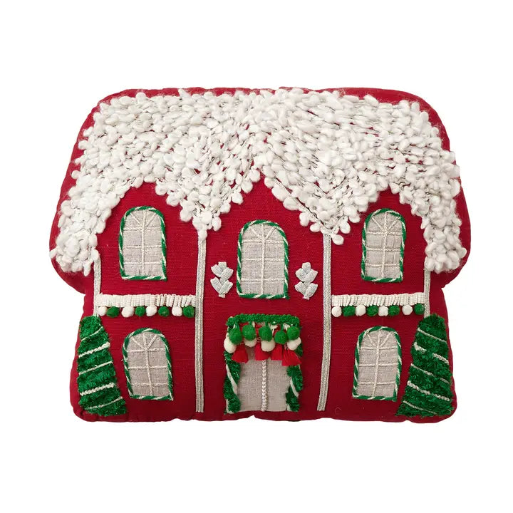Red House with Poms Appliqué Pillow