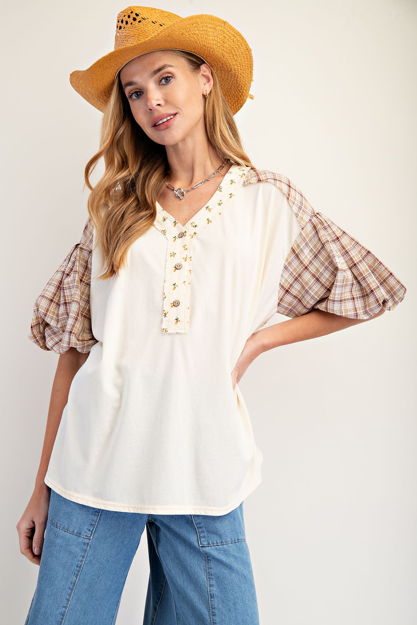 Print Mix Cotton Jersey Henley Top