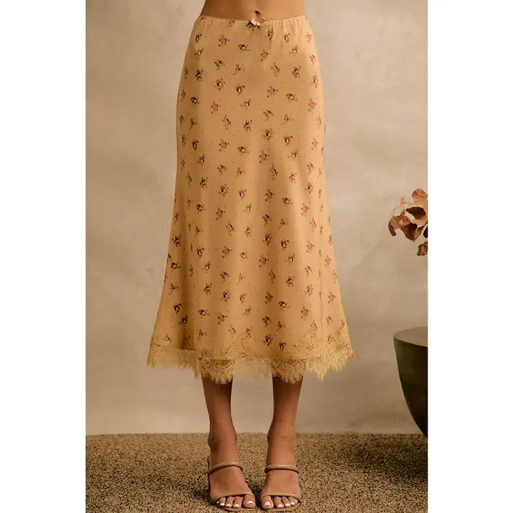 Satin Floral Print Lace Trim Skirt