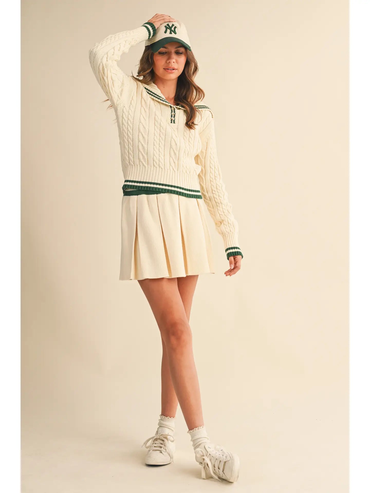 Cable Knit Collard Sweater Top and Pleated Skirt