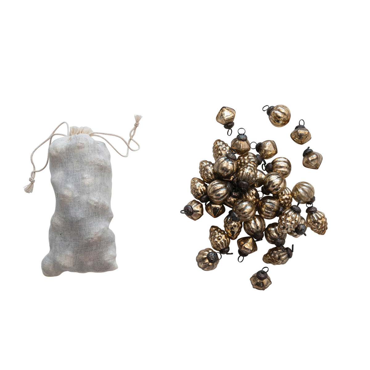 36- 1"H Embossed Mercury Glass Ornaments in Muslin Bag