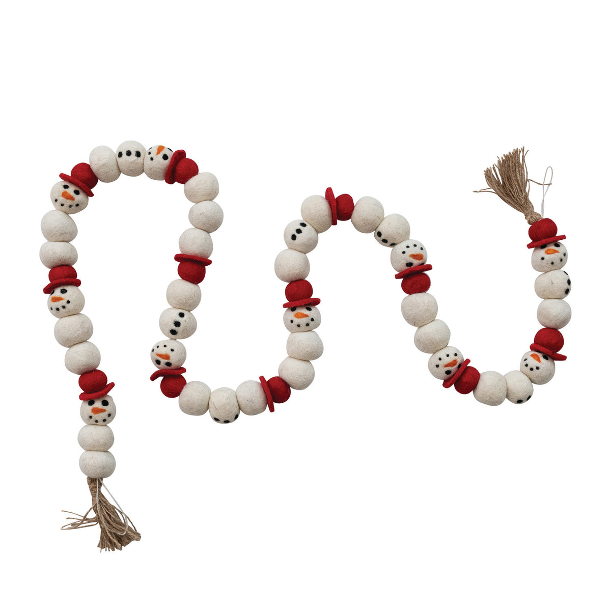 72"L Handmade Wool Felt Snowman Garland with Jute Tassels