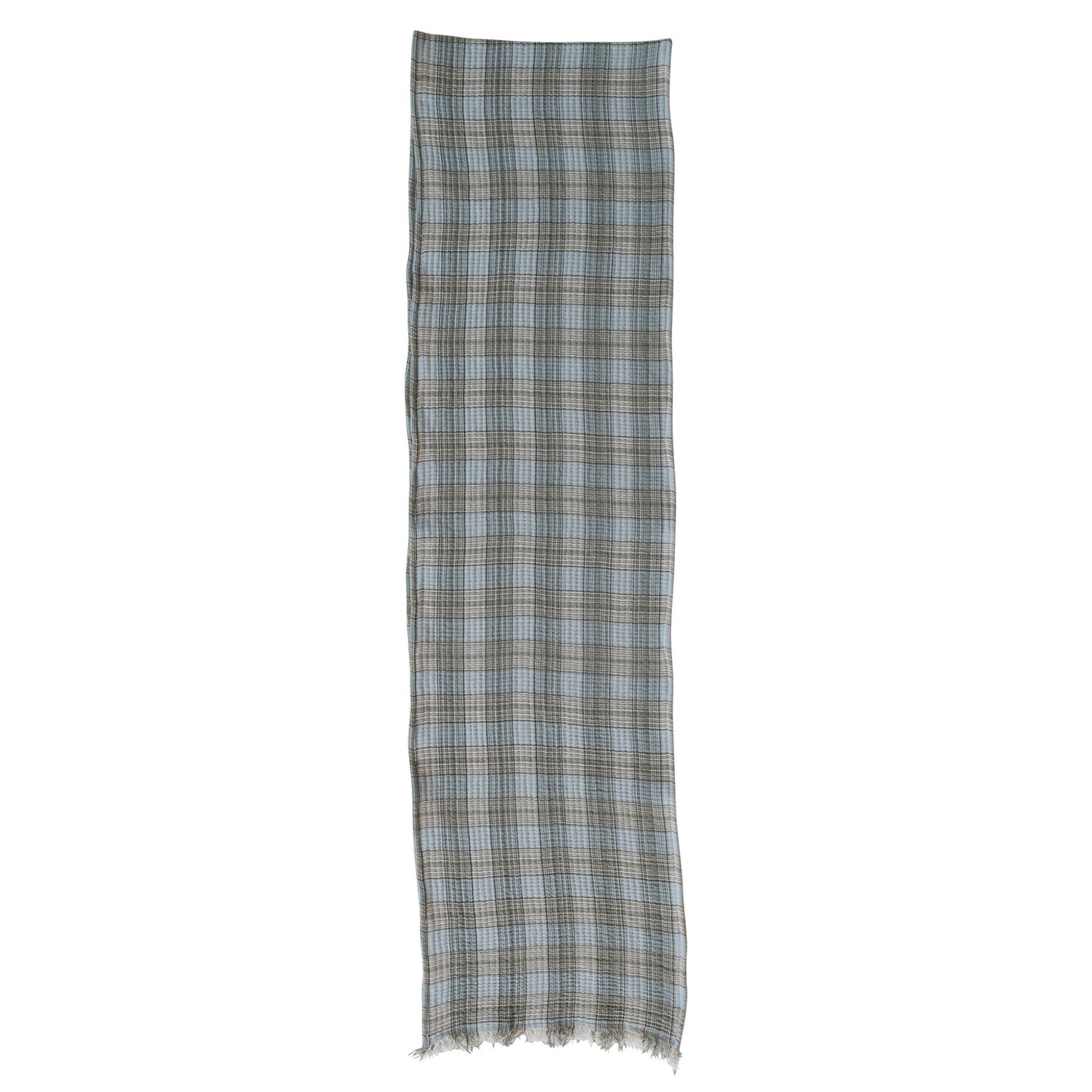 Woven Cotton Double Cloth Table Runner with Frayed Edges Plaid