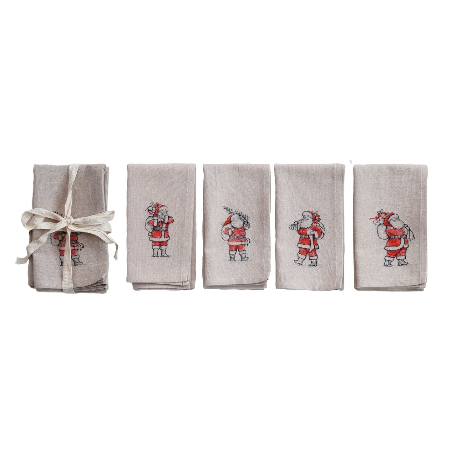 Napkins with Embroidered Santa Image, Natural, Set of 4 Tied with Tape ©