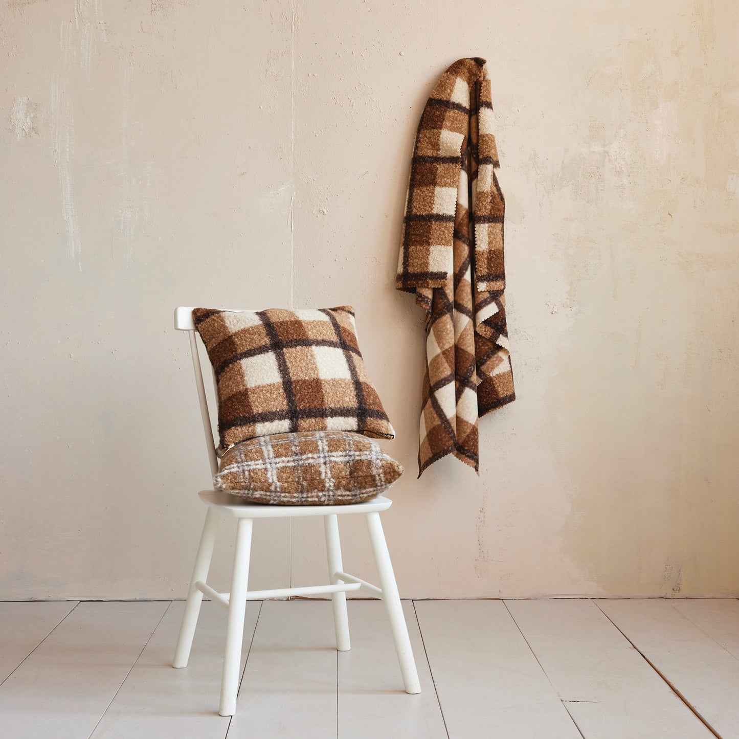60"L x 50"W Fabric Faux Sherpa Throw, Brown Plaid
