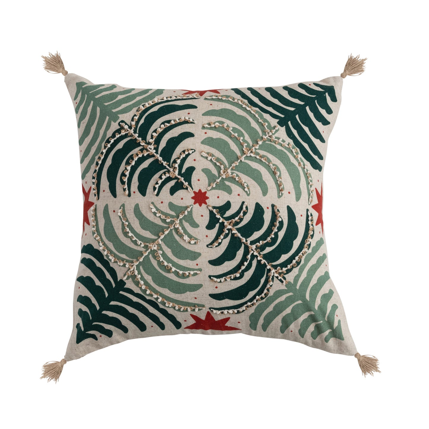 18" Square Cotton & Linen Printed Pillow with Jute Tassels