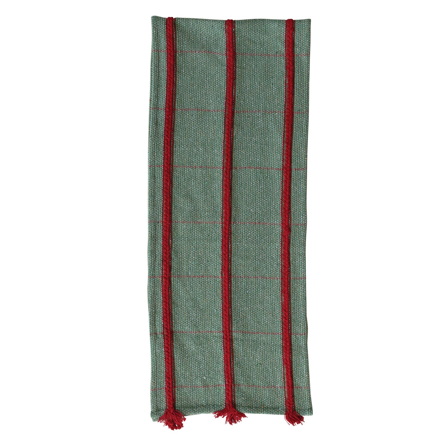 Woven Recycled Blend Table Runner with Braided Embroidery & Fringe