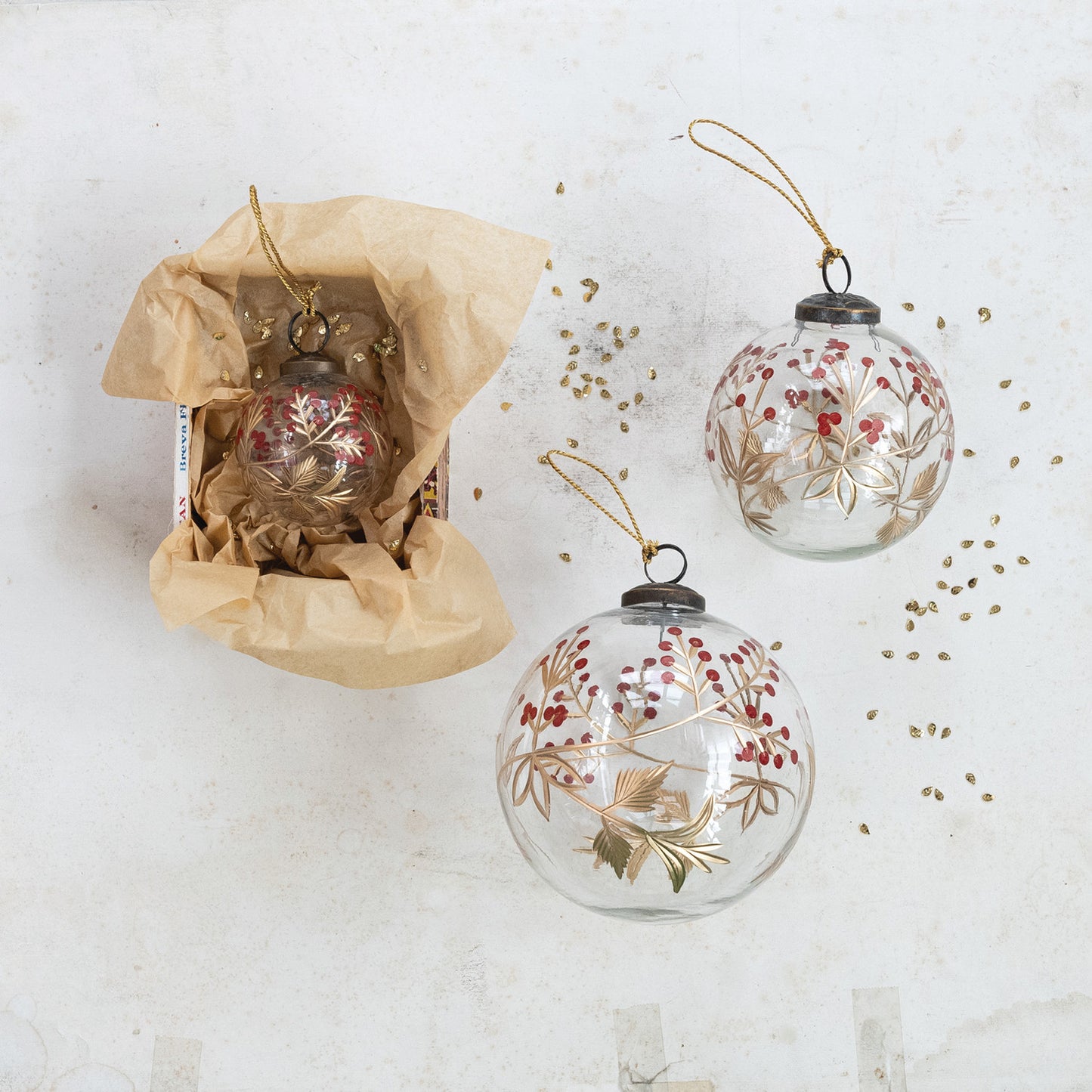 Hand-Painted Etched Glass Ball Ornament with Berry Design