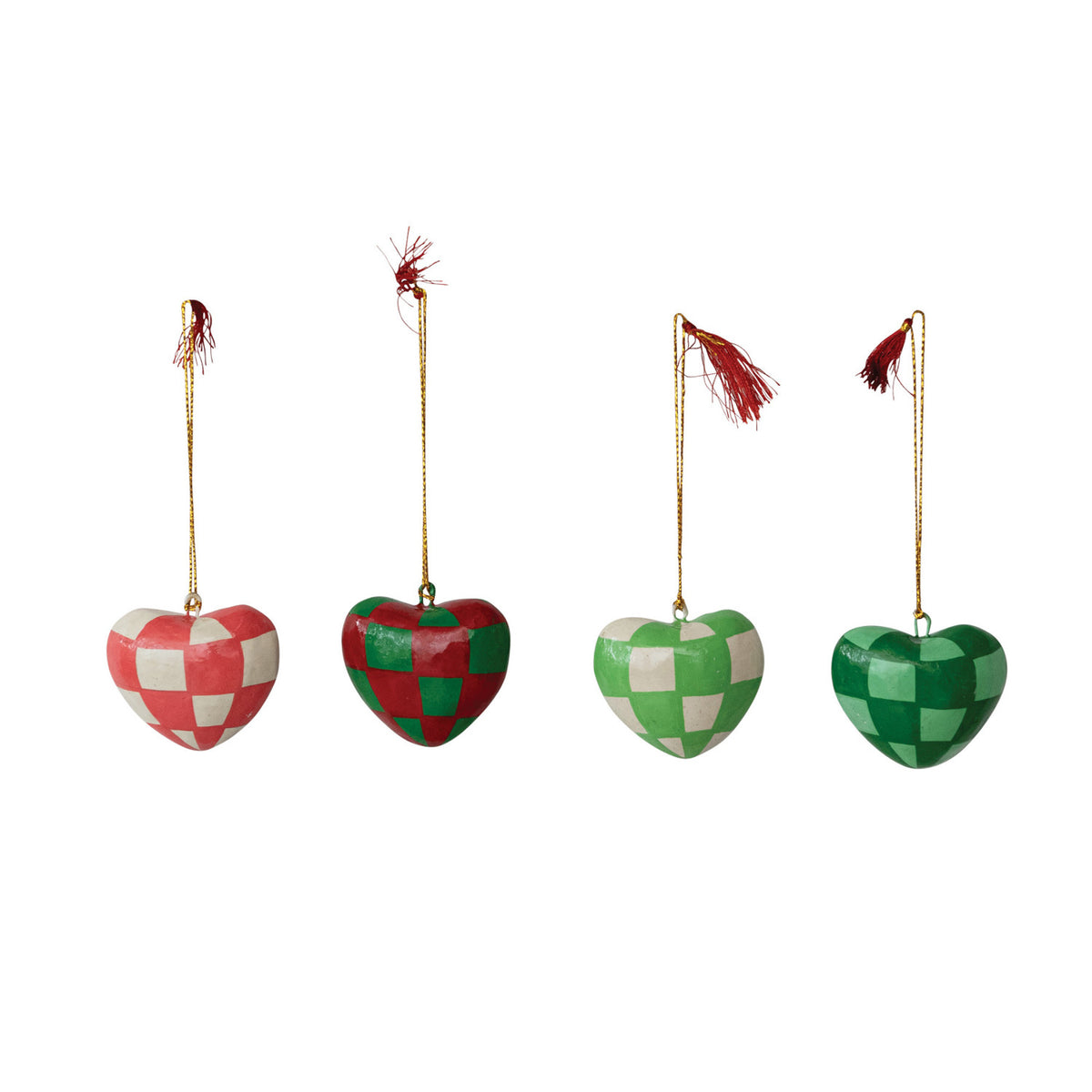 Hand-Painted Paper Mache Heart Ornament with Check Pattern