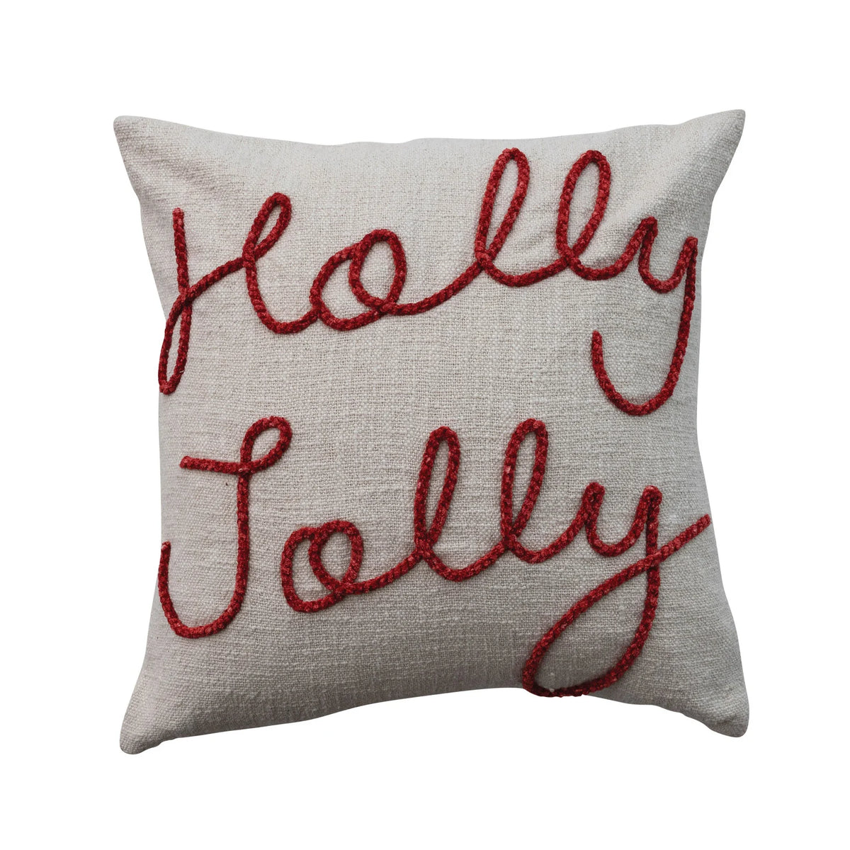 20" Square Cotton Pillow with Embroidered "Holly Jolly"