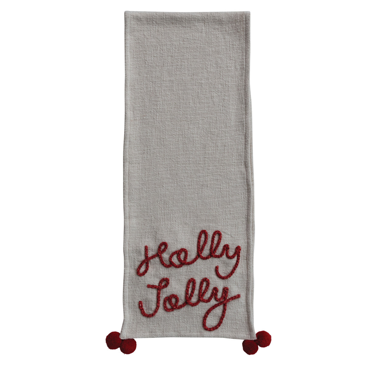 Cotton Slub Table Runner with Pom Poms & Embroidered "Holly Jolly"