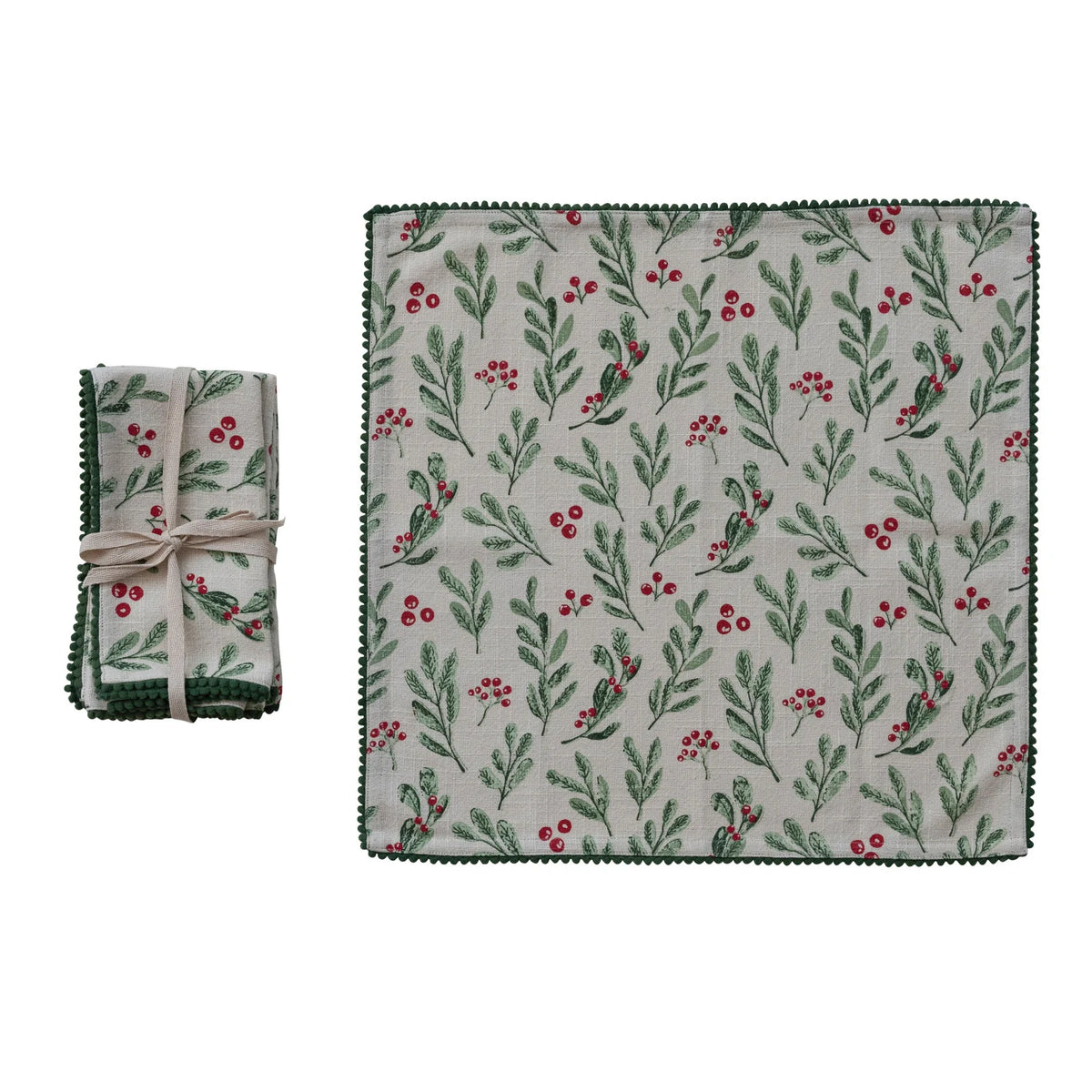 Set/4 Cotton Slub Printed Napkins with Mini Pom Pom Trim