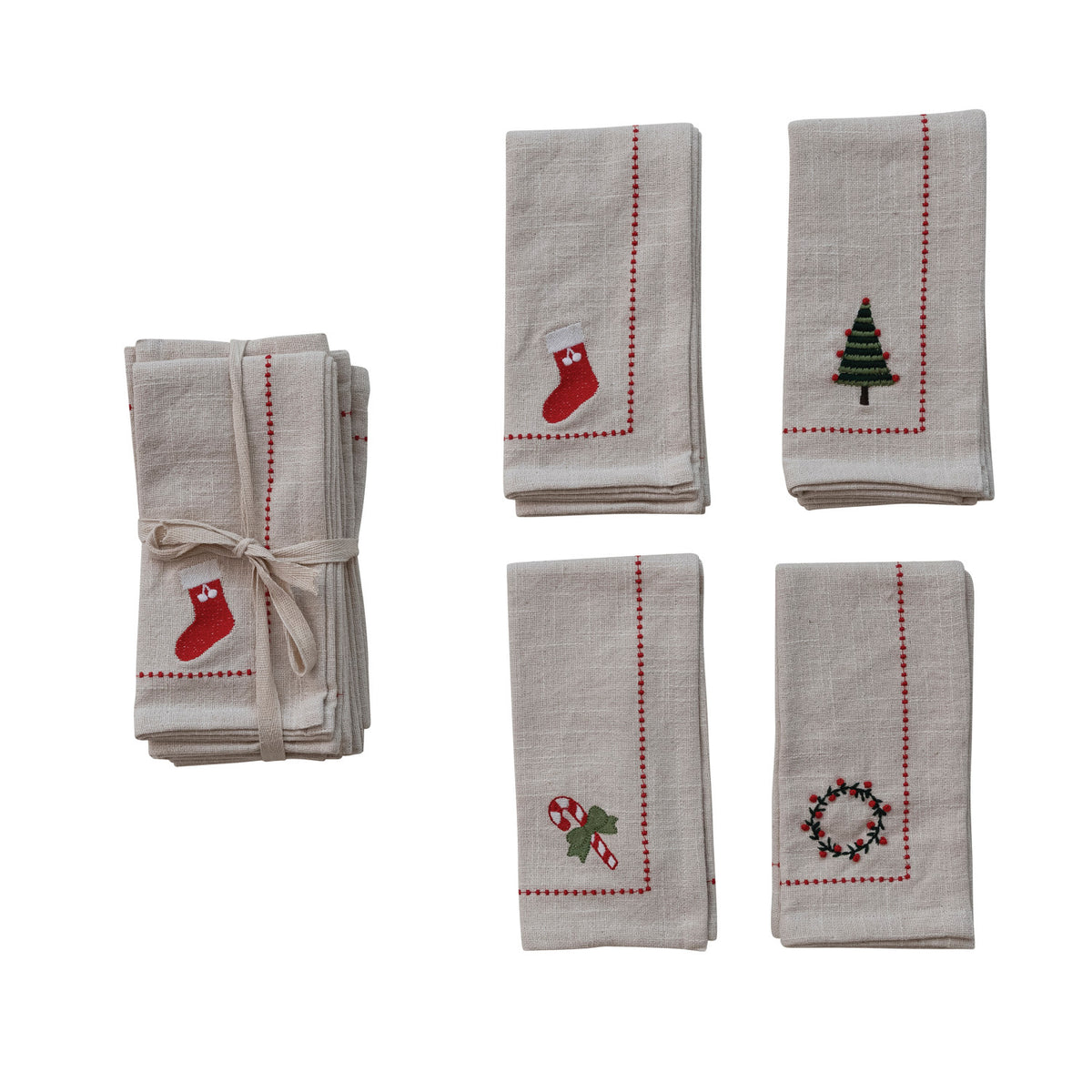 Set/4 Woven Cotton Napkins with Embroidered Holiday Icons