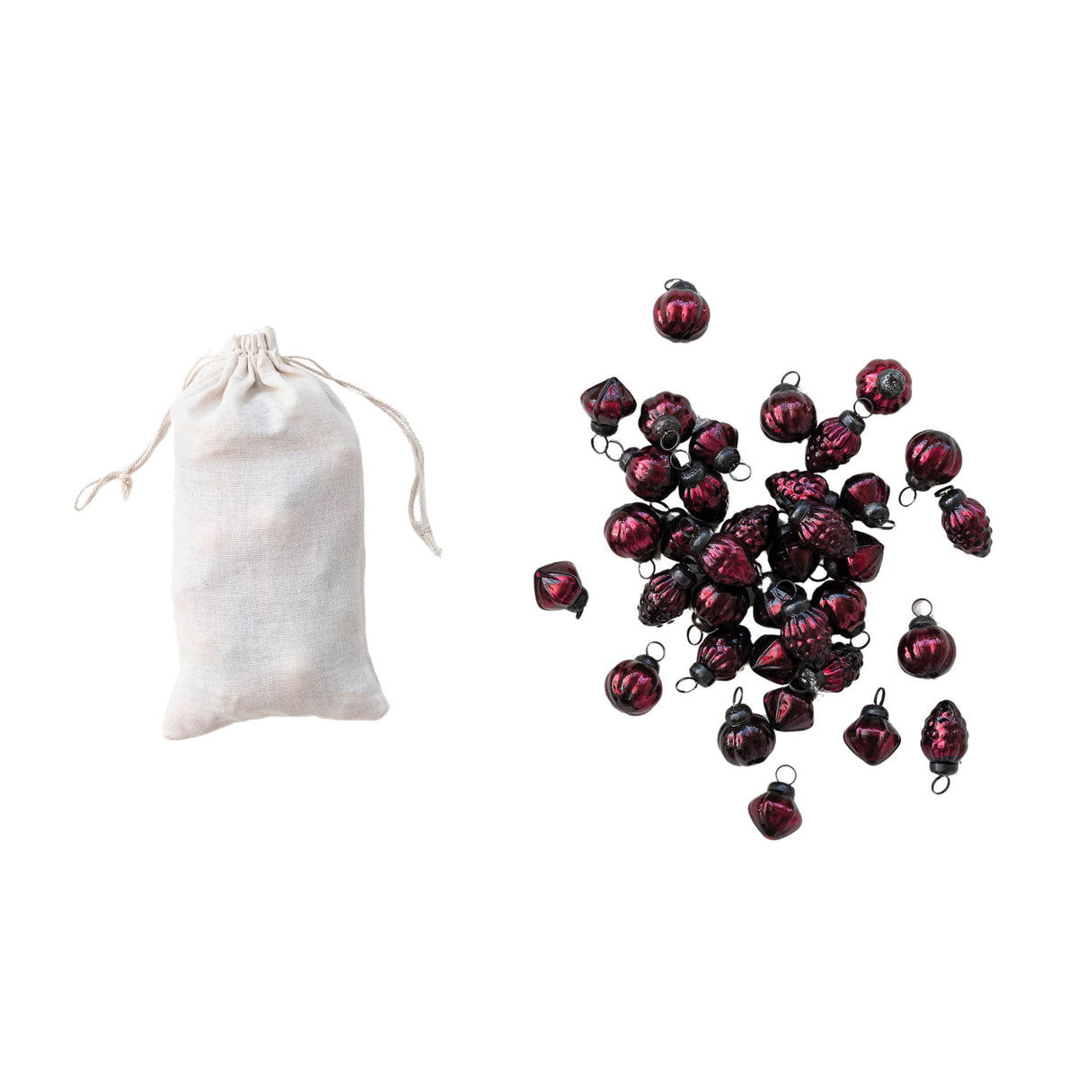 36 Embossed Mercury Glass Ornaments in Muslin Bag