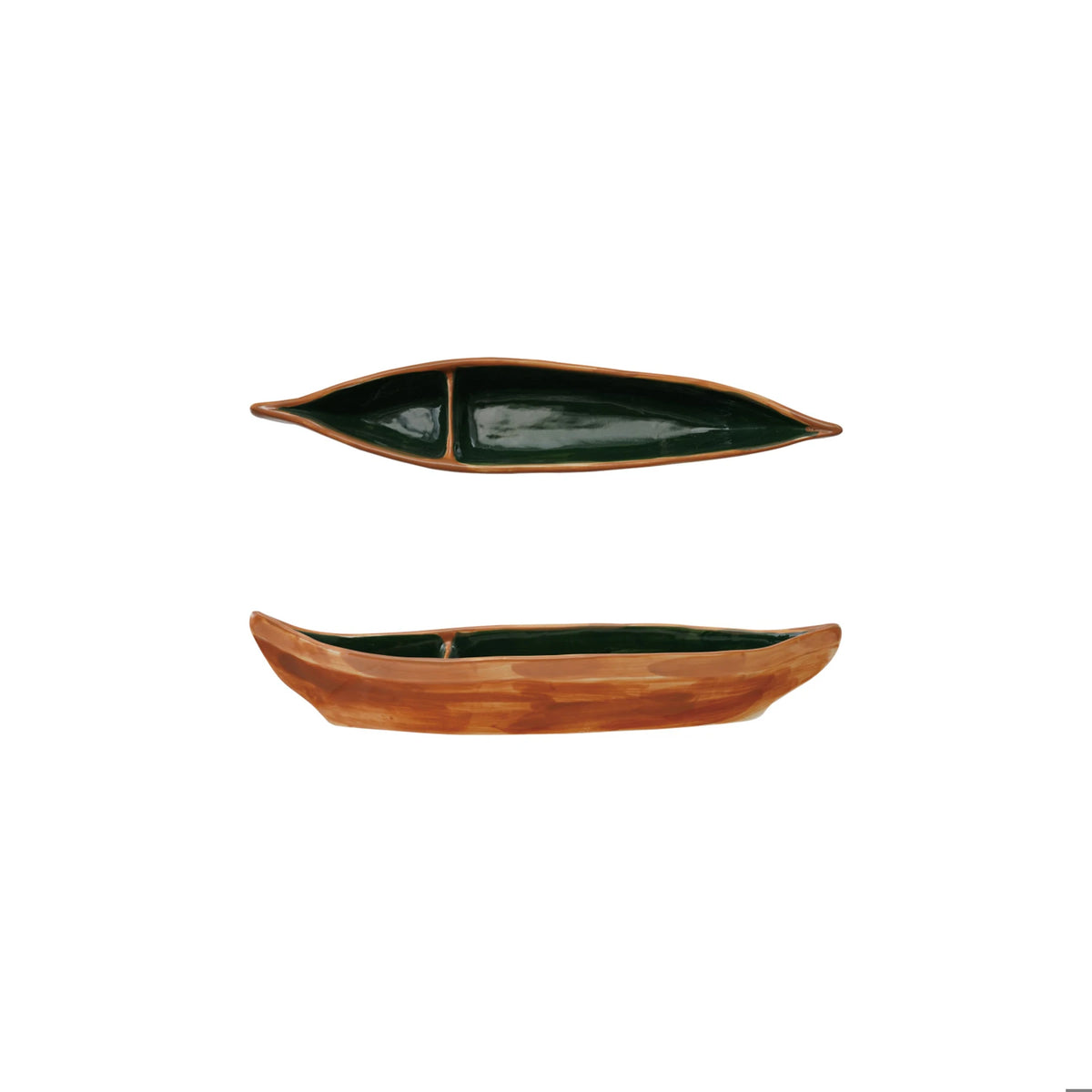 Hand-Painted Stoneware Canoe Shaped Dish with 2 Sections